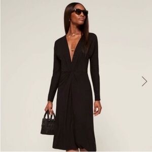 Reformation Elegant Deep V-Neck Black Stretch Long Sleeve Midi Dress Sz US Small